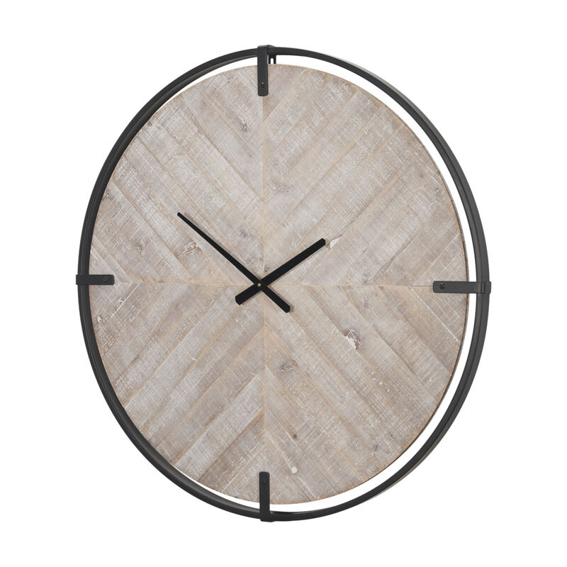 HomeRoots 33" Black And Natural Metal And Solid Wood Analog Distressed Round Wall Clock image number 0