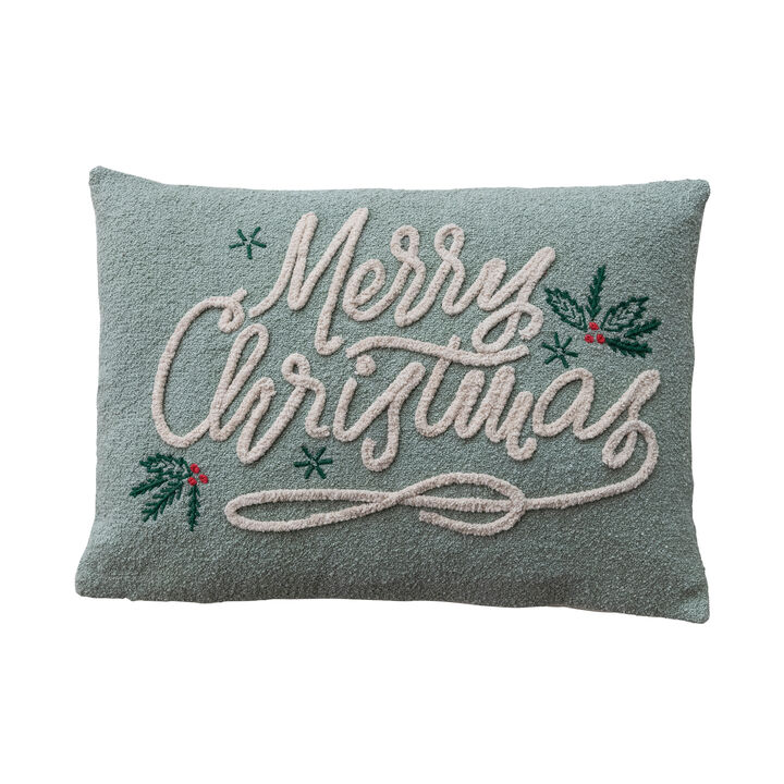 Artisan Embroidered Merry Christmas Lumbar Pillow, Green & Natural