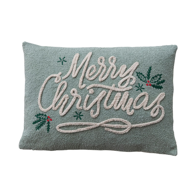Artisan Embroidered Merry Christmas Lumbar Pillow, Green & Natural image number 0