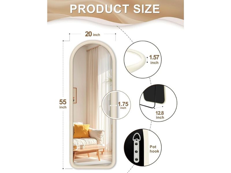 Arched Full Length Floor Mirror Cream White Velvet Frame for Bedroom Decor image number 2