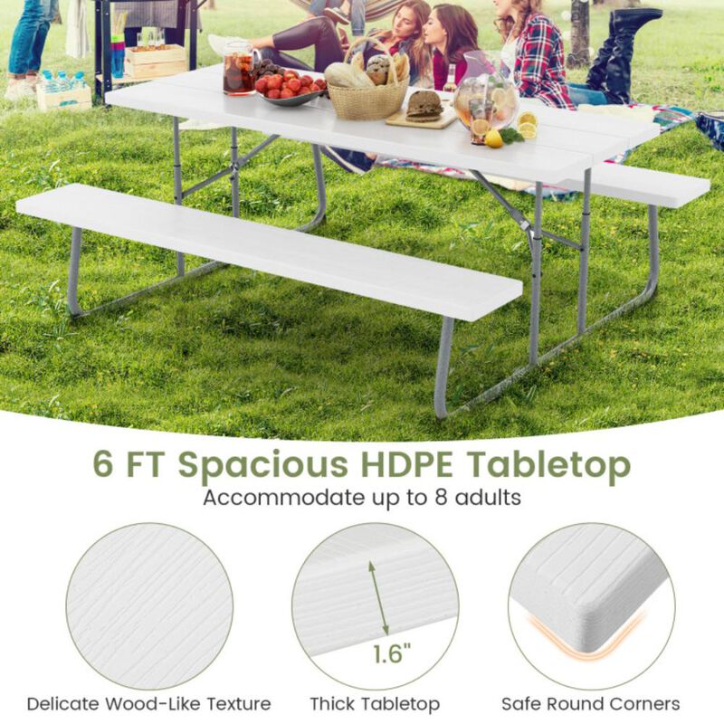 Hivvago Folding Picnic Table Set with Metal Frame and All-Weather HDPE Tabletop, Umbrella Hole