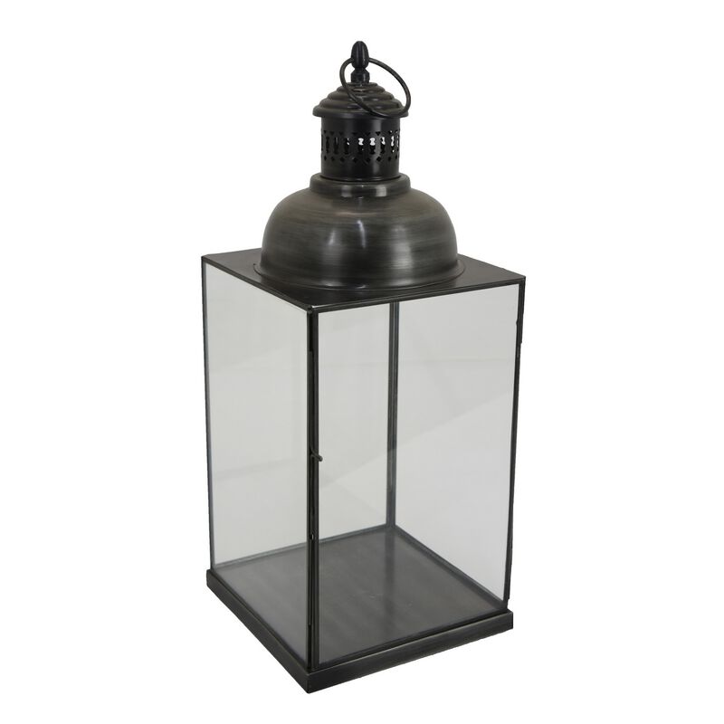 Laila Lantern, Black Metal, Glass Panels, Square Base, 20 Inch Tall - Benzara