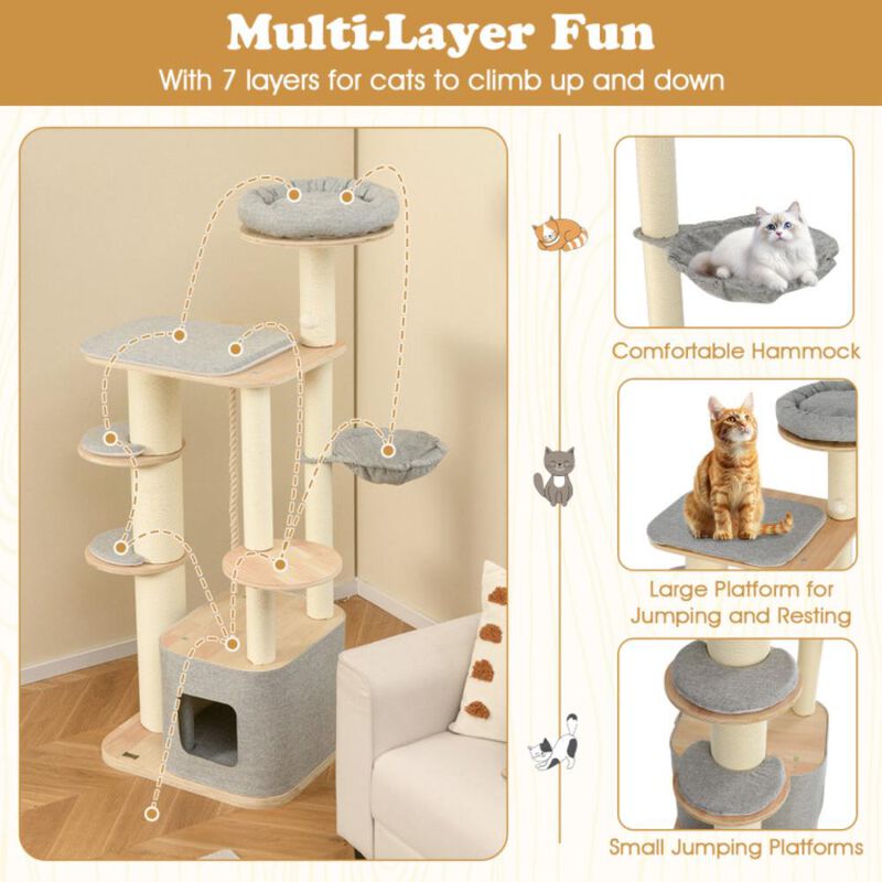 Hivvago 63 Inch Tall Cat Tree Modern Wooden Cat Tower with Perch Condo Hammock