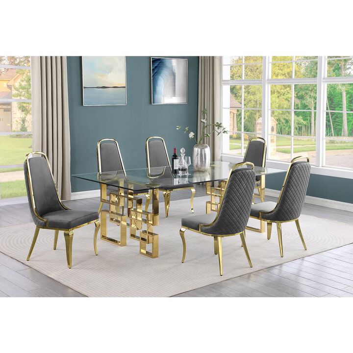 7-piece glam dining set with 6 Dark grey chairs and one 95" glass dining table