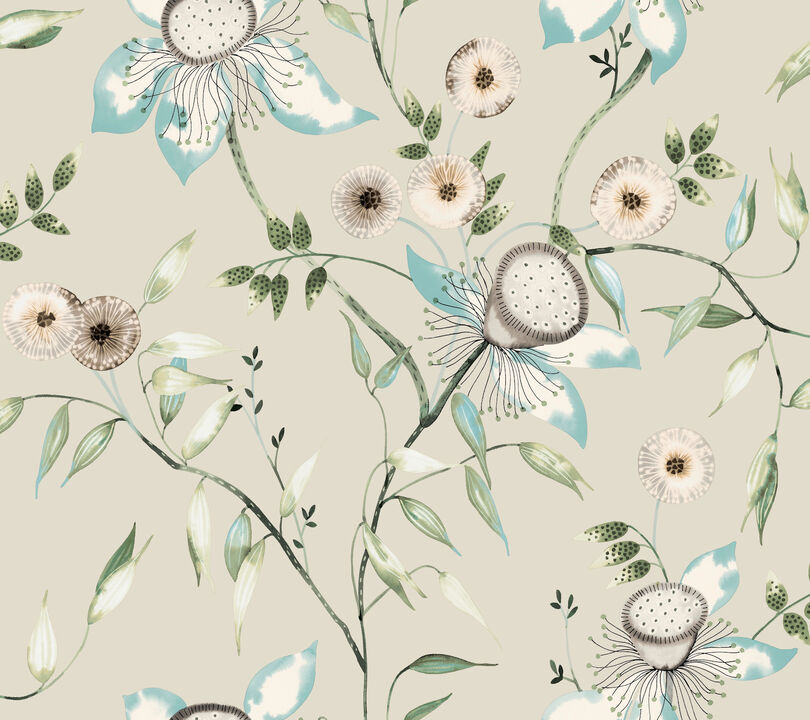 Dream Blossom Taupe & Aqua Wallpaper