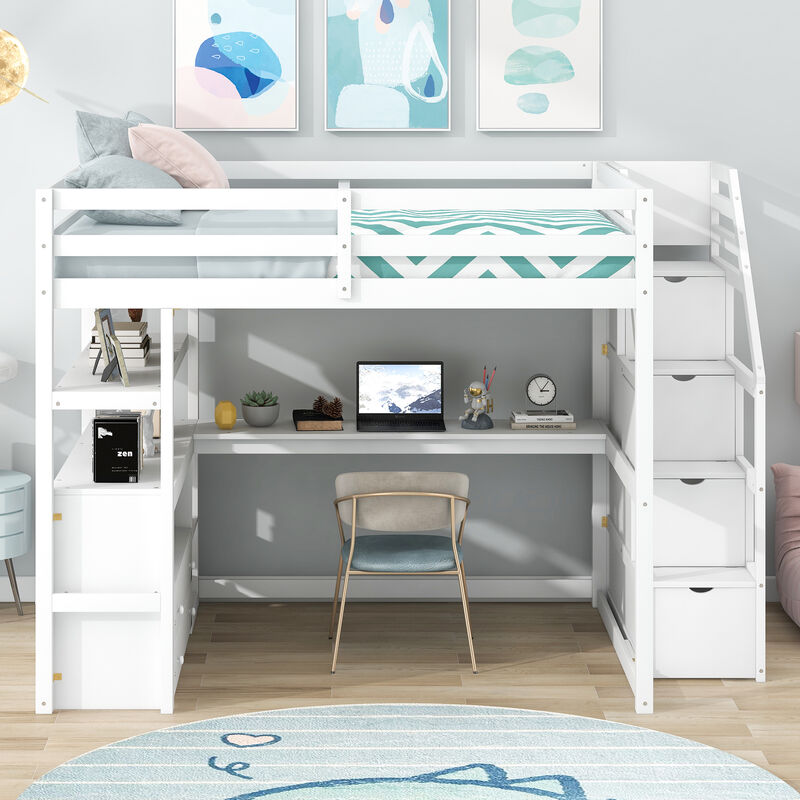 Multi-functional Loft Bed with Desk, Shelves, Storage Staircase, and Two Drawers