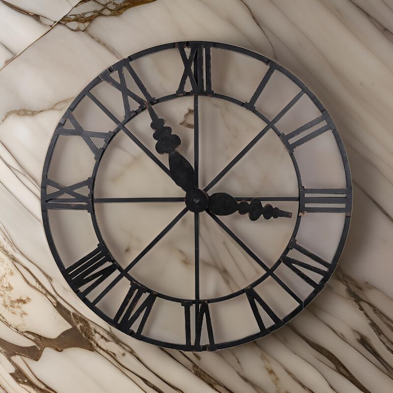 46 Inch Faux Clock Wall Decor, Round, Vintage Style, Matte Black Finish - Benzara