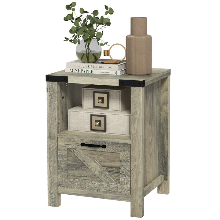 HOMCOM Farmhouse Side Table with Storage, Small End Table with Drawer, Open Shelf and Wood Effect Tabletop for Living Room, Gray