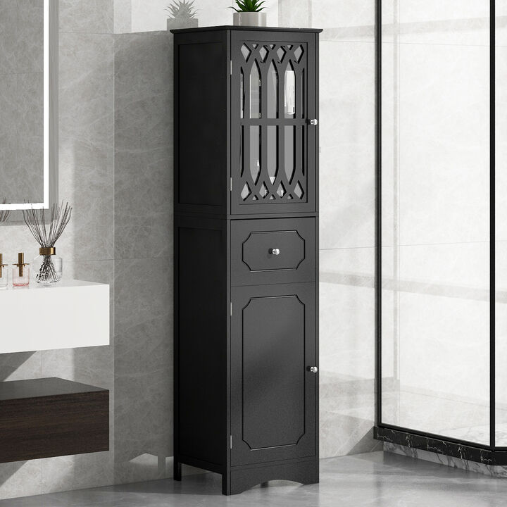 Whisen Retro Tall Bathroom Cabinet, Freestanding Storage Cabinet with Drawer, Fence-style Glass Door and Adjustable Shelf