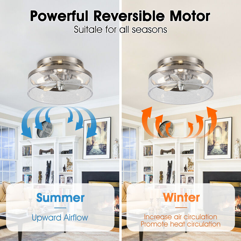 12.6" Small Satin Nickel Flush Mount Ceiling Fan with Light