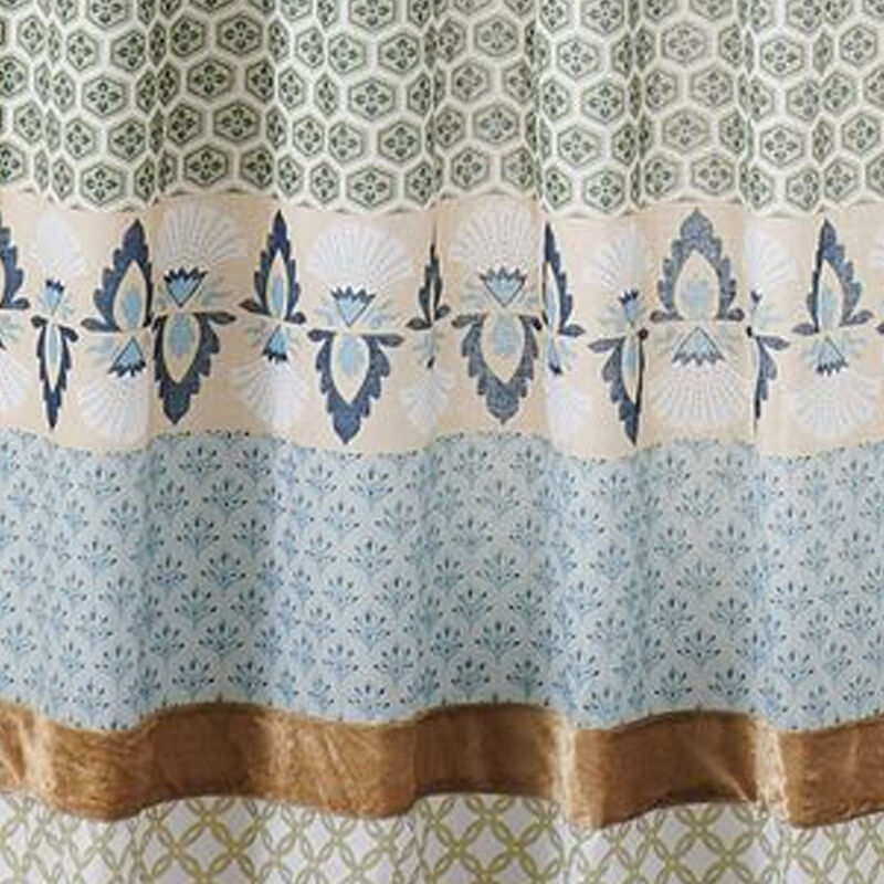 Ello 2 Panel Curtain Panel Set, Cotton White and Blue Geometric Print - Benzara