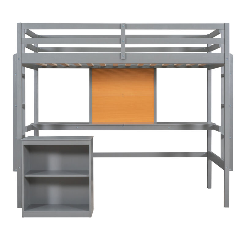 Twin size Loft Bed with Desk and Writing Board, Wooden Loft Bed with Desk & 2 Drawers Cabinet- Gray