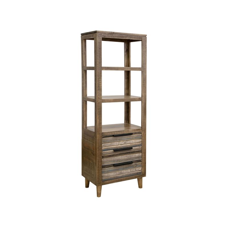 Benjara Tisha 73 Inch Bookcase, 3 Drawers, 3 Open Shelves, Solid Wood, Chalk, Brown and Blue