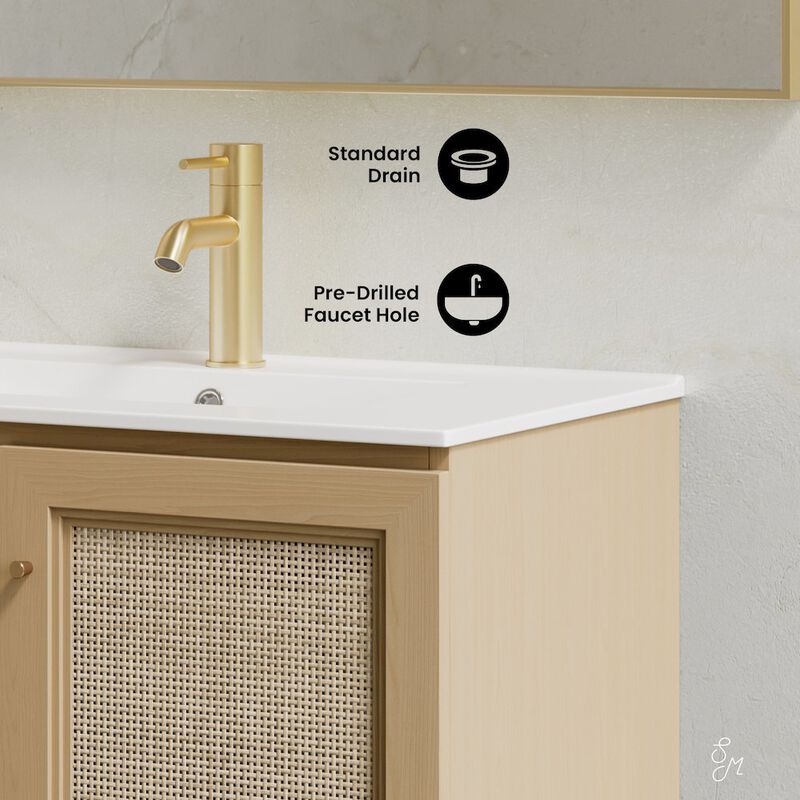 30" Wall-Mounted Bathroom Vanity in Natural Oak, Single Faucet Hole Vanity Top image number 3