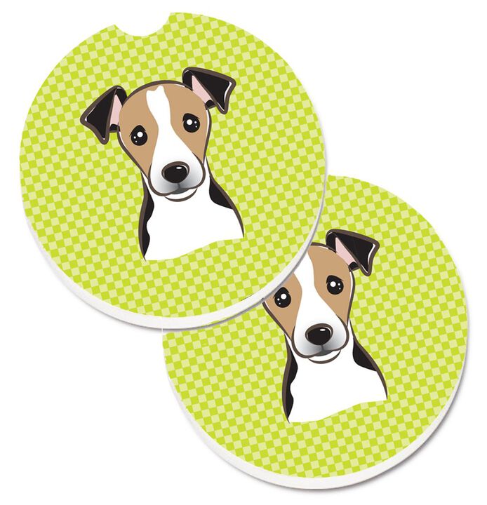 Caroline's Treasures Checkerboard Lime green Jack Russell Terrier Set of 2 Cup Holder Car Coasters BB1323CARC, 2.56, Multicolor