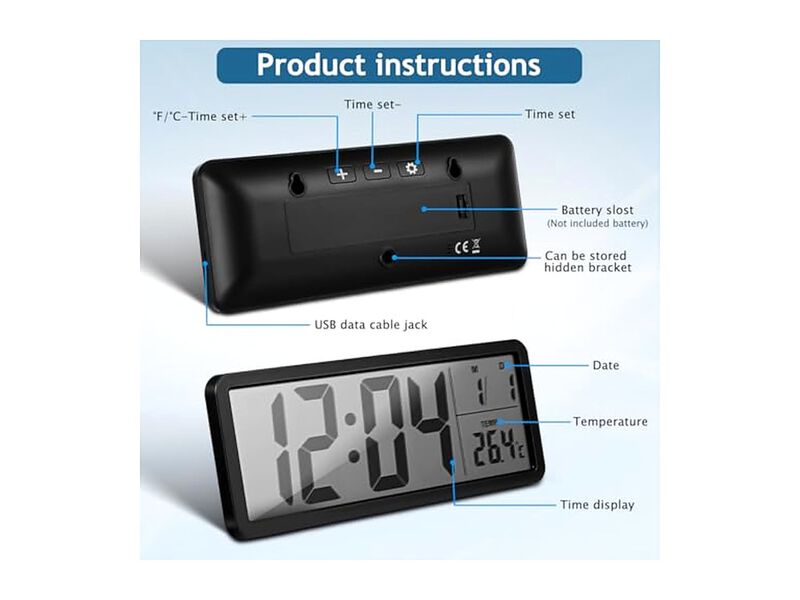 Digital Date Temperature LED Mount Wall Clock Battery Operated Living Room Decor image number 2