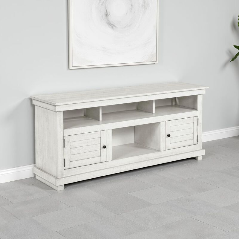 Ayne TV Stand Media Cabinet, 2 Doors and 4 Shelves, White Wood 60 Inch - Benzara