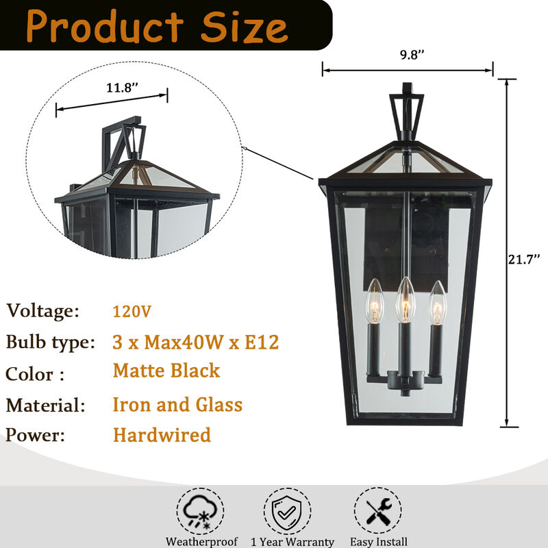 H22" 3-Light Classic Large Outdoor Wall Lantern Matte Black Exterior Wall Sconce with Clear Tempered Glass Open Bottom Wall Mount Light Fixture for Porch Garage Entryway image number 6