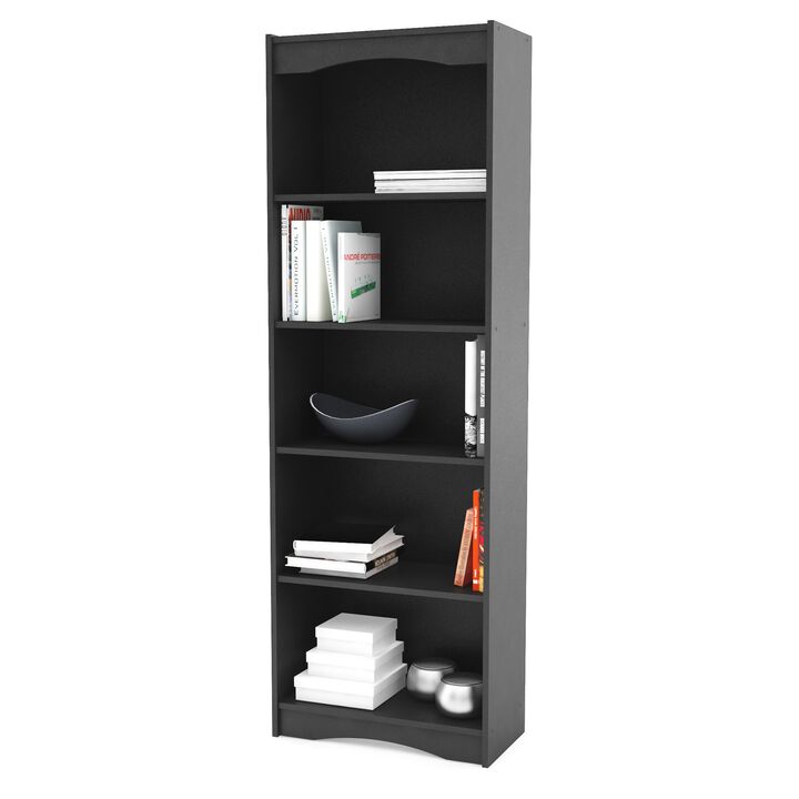 QuikFurn Contemporary Black Bookcase with 5 Shelves and Curved Accents