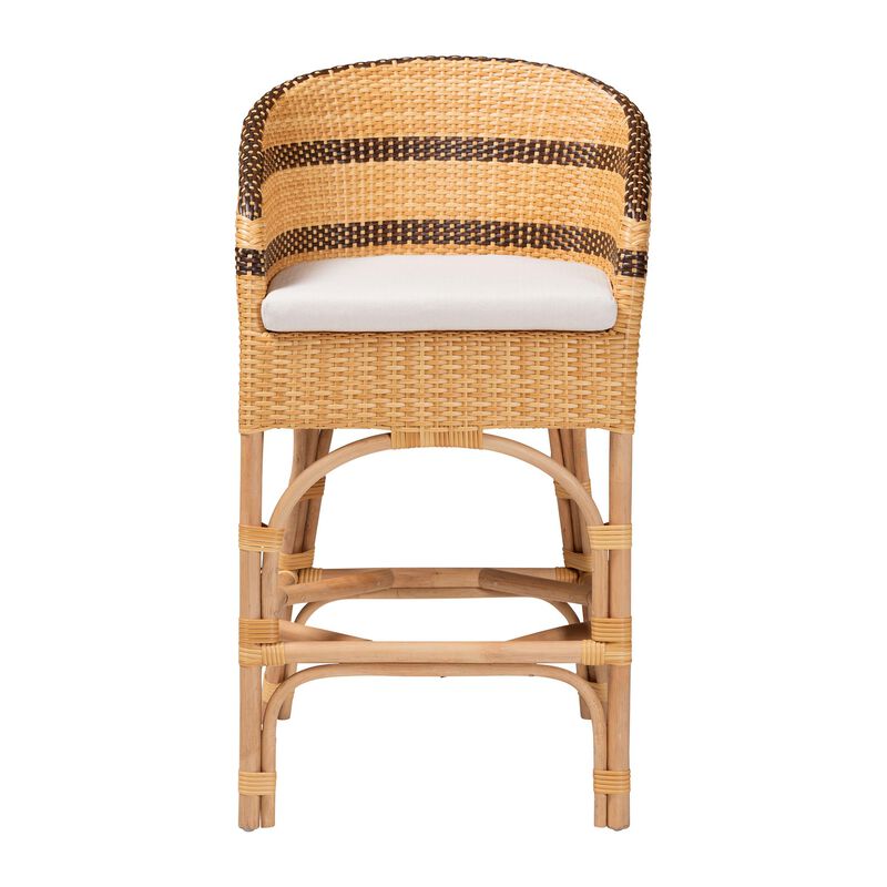 bali & pari Elma Rattan Counter Stool with Cushion - Barrel-Back Counter Chair with Synthetic Woven and Natural Rattan Frame, Boho Coastal Style Seating for Kitchen or Lounge