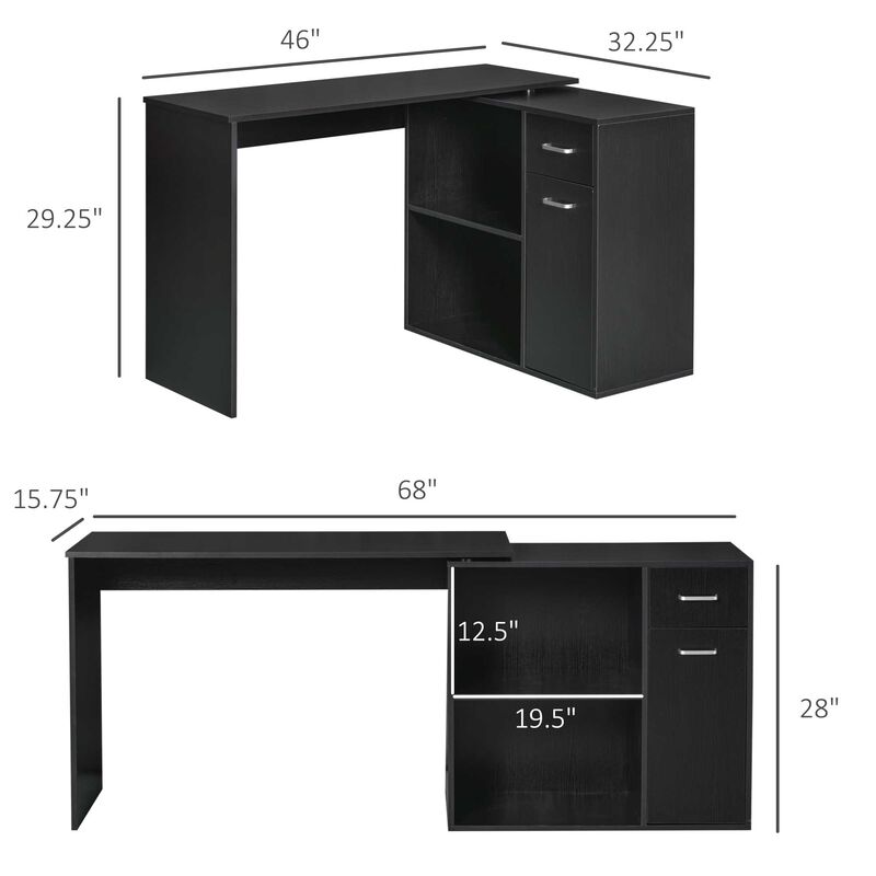 Black L-Shaped Desk: Corner Workstation, Rotating Shelves, Drawer