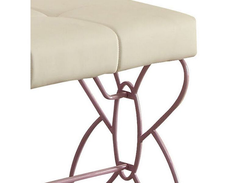 Metal Armless Bench with Butterfly Design, White and Purple - Benzara