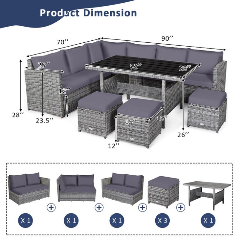 Mondawe 7 Pieces Outdoor Wicker Sectional Sofa Set with Dining Table