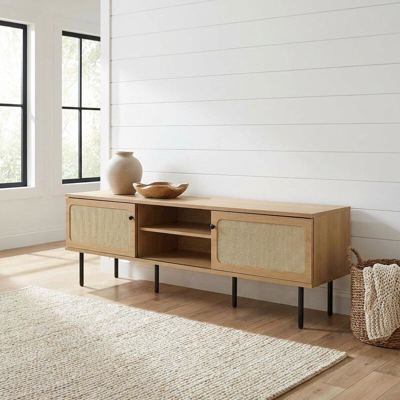 Wooden TV stand in brown with spacious surface and sturdy base image number 3