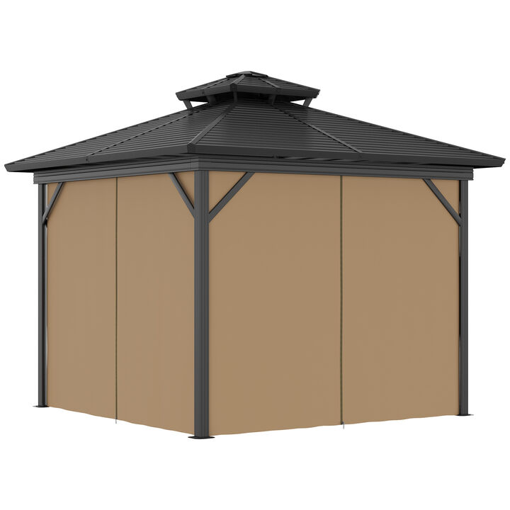 Outsunny 10' x 10' Hardtop Gazebo Canopy with Galvanized Steel Double Roof, Aluminum Frame, Permanent Pavilion Outdoor Gazebo with Netting and Curtains for Patio, Garden, Backyard, Dark Brown