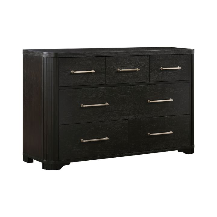 Chas 62 Inch Dresser, 7 Drawers Brass Bar Handles, Charcoal Black Wood - Benzara
