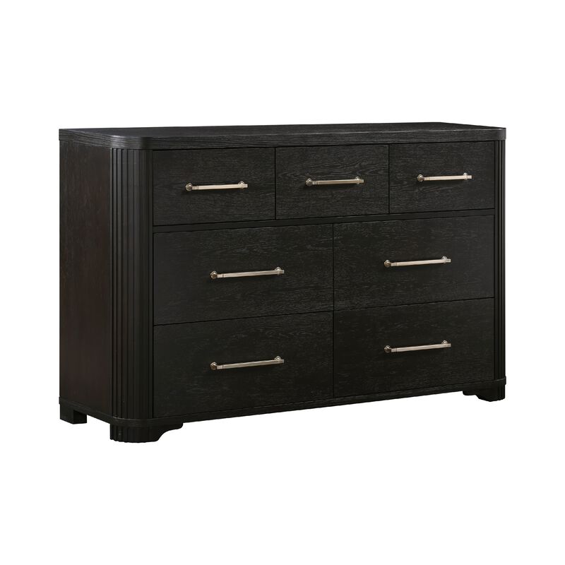 Chas 62 Inch Dresser, 7 Drawers Brass Bar Handles, Charcoal Black Wood - Benzara