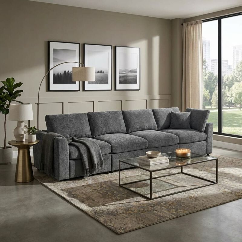 Chenille modular sectional sofa, U style 4 seater couch with deep seat comfort, Modern living room sectional with solid wood frame image number 3