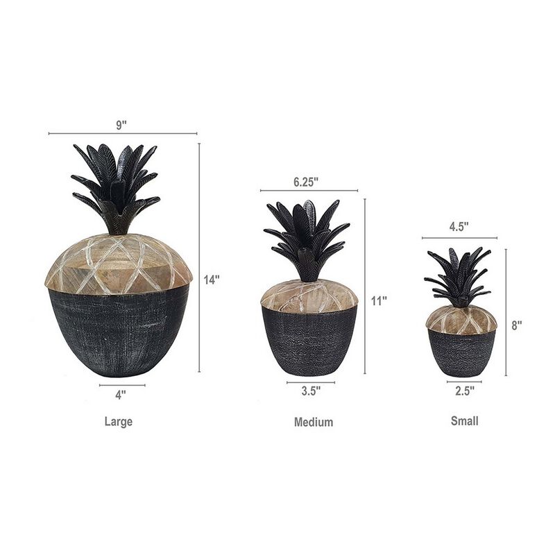 14, 12, 11 Inch Lidded Jar, Pineapple Design, Gray Mango Wood, Set of 3 - Benzara