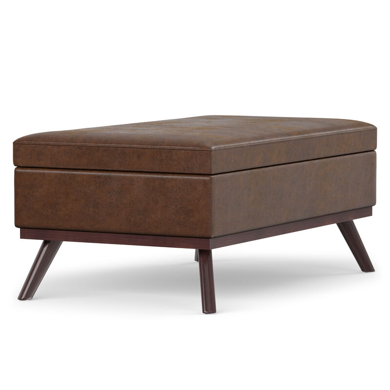 Owen 42 inch Wide Mid Century Modern Rectangle Lift Top Large Coffee Table Storage Ottoman in Distressed Chestnut Brown Vegan Faux Leather, Assembled image number 3