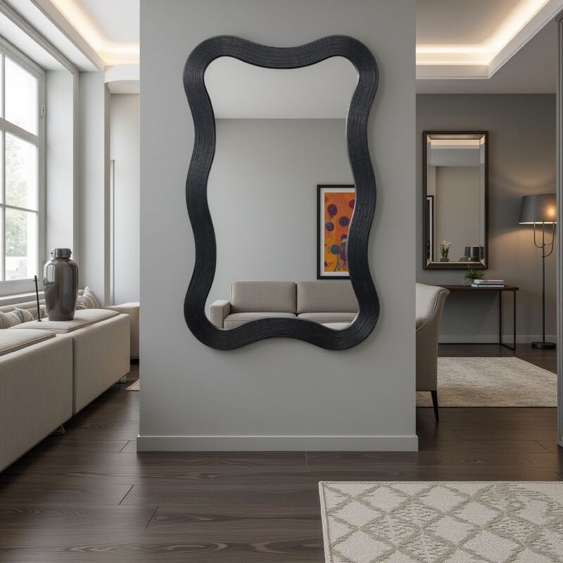 Lery Wall Mirror, 38 Inch Wavy Frame, Boho Style Black Natural Bamboo - Benzara