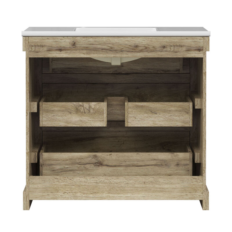 Teamson Home Donovan 36" Single Bathroom Vanity with Integrated Square Sink and Two Drawers, Light Oak image number 7