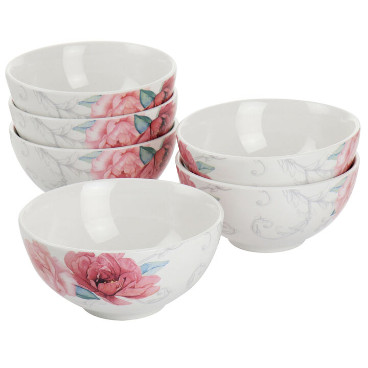 Martha Stewart 6 Inch Fine Ceramic 6 Piece Floral Decorated Cereal Bowl Set in White and Pink
