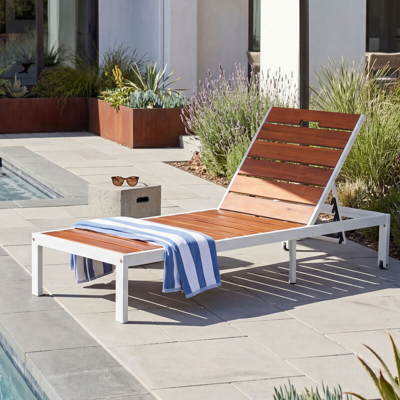 Merax Outdoor Chaise Lounge | 6-Position Adjustable Backrest, Steel Frame with Acacia Wood Slat Seat image number 1
