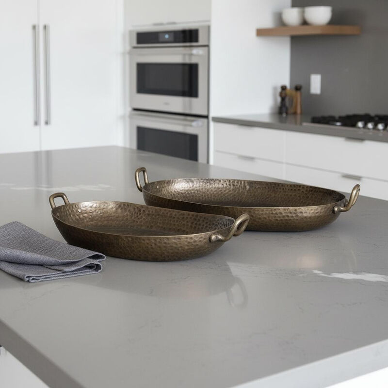 HomeRoots Set of Two Gold Oval Metal Handmade Serving Tray With Handles image number 1