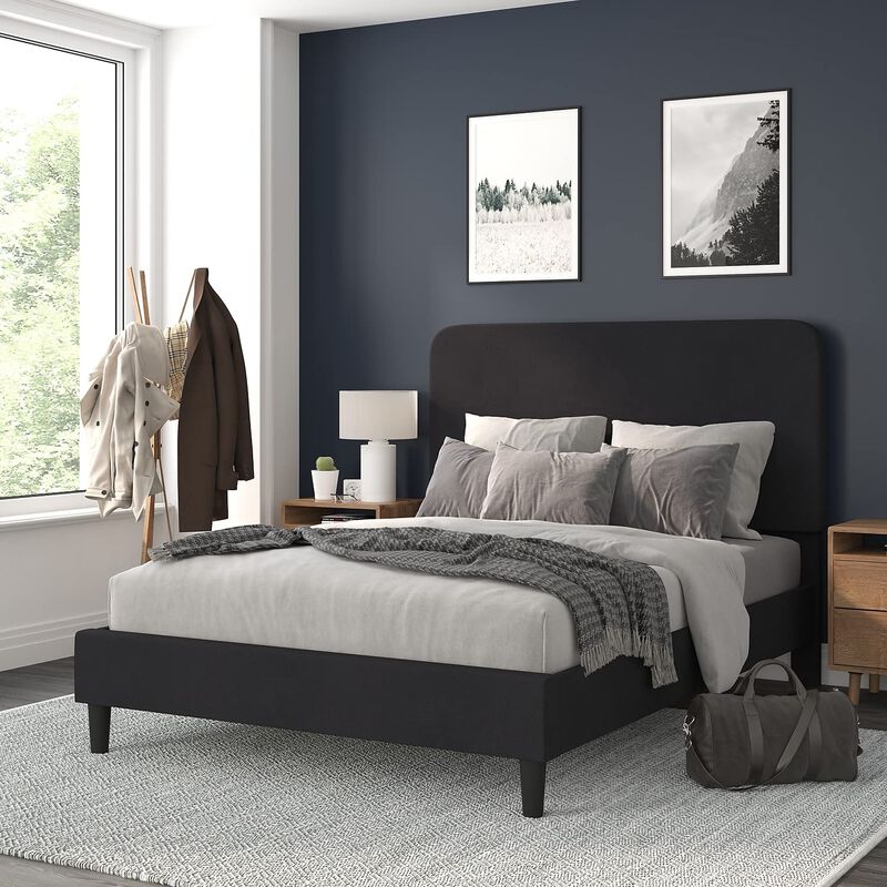Flash Furniture Addison Platform Bed - Charcoal Fabric Upholstery - Queen - Headboard with Rounded Edges - Wood Slat Support - No Box Spring or Foundation Needed image number 1