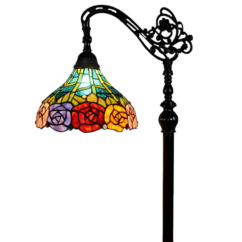 Hivvago 62" Brown Torchiere Floor Lamp With Blue and Yellow Flowers Glass Dome Shade