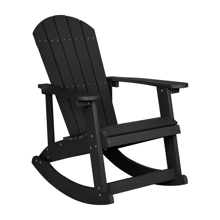Flash Furniture Savannah Poly Resin Wood Adirondack Rocking Chair - All Weather Black Polystyrene - Stainless Steel Hardware