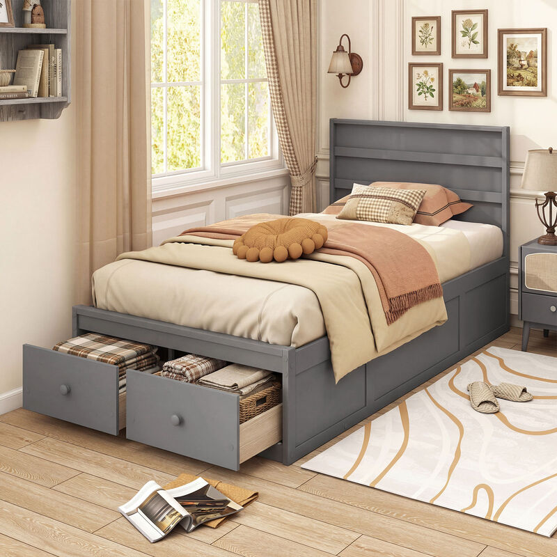Twin Platform Bed Frame with Built-In Storage Drawers and Headboard image number 3
