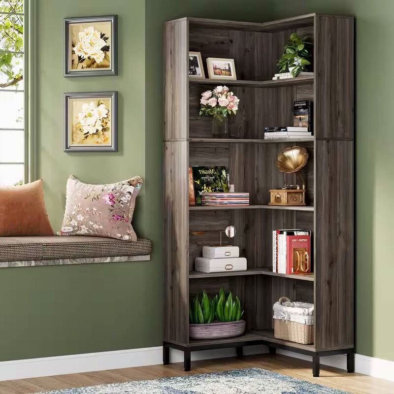 High Corner Bookcase in Wood Finish for Space-Saving Storage For Living Room