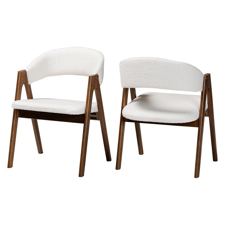 Baxton Studio Virden Boucle Upholstered Dining Chair Set of 2- Mid-Century Modern Armchair with Solid Wood Frame and Curved Open-Back Design, Walnut Brown and White