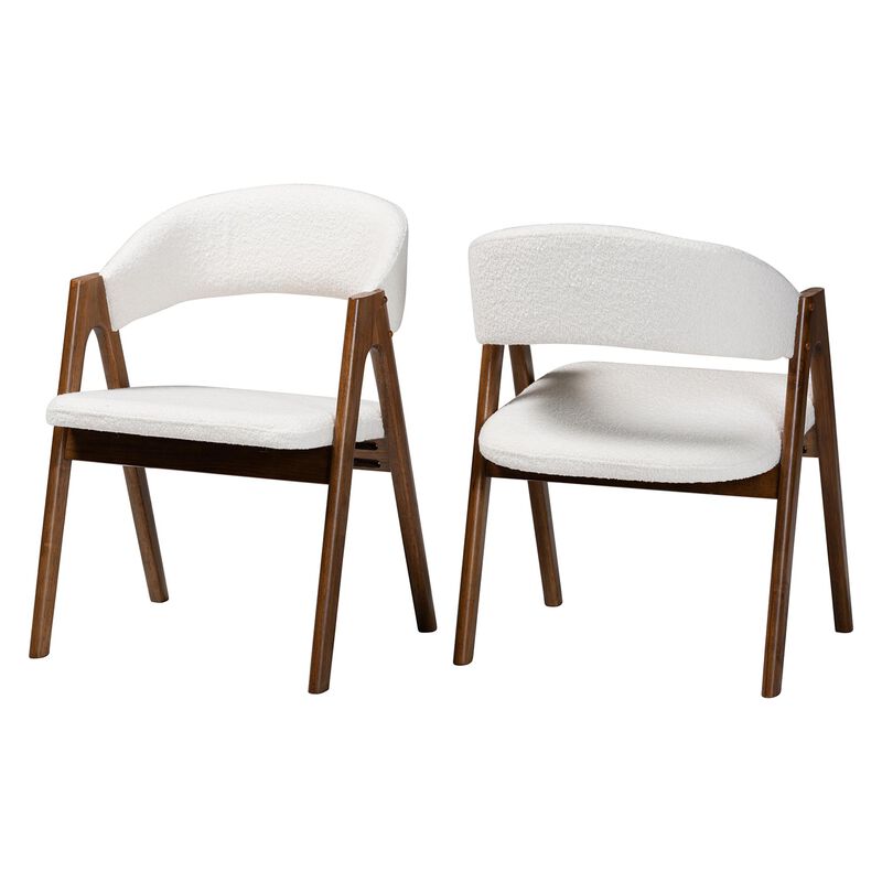 Baxton Studio Virden Boucle Upholstered Dining Chair Set of 2- Mid-Century Modern Armchair with Solid Wood Frame and Curved Open-Back Design, Walnut Brown and White