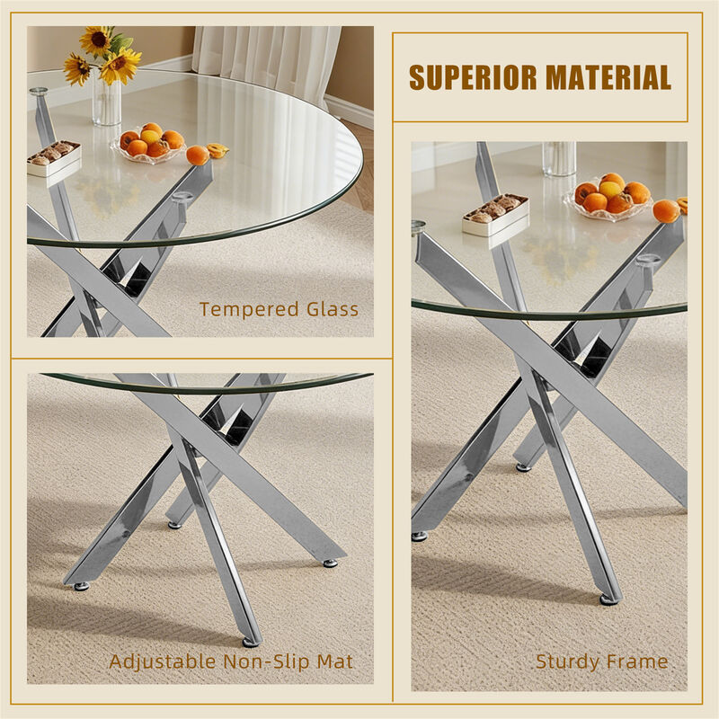 35.43 inches Modern Round Glass Table with Silver Frame image number 4