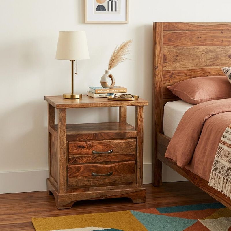 HomeRoots 27" Brown Solid Wood Two Drawer Nightstand image number 1