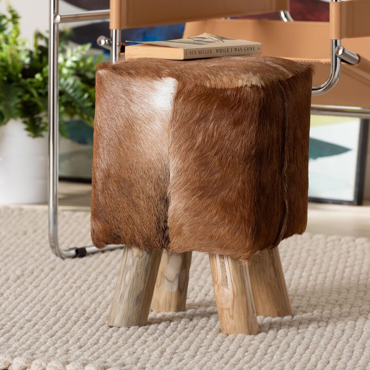 bali & pari Scotlyn Genuine Goat Leather Footstool with Teak Wood Legs - Rustic Boho Accent Seat with Natural Hide Upholstery, Handmade Decorative Footrest for Living Room or Bedroom