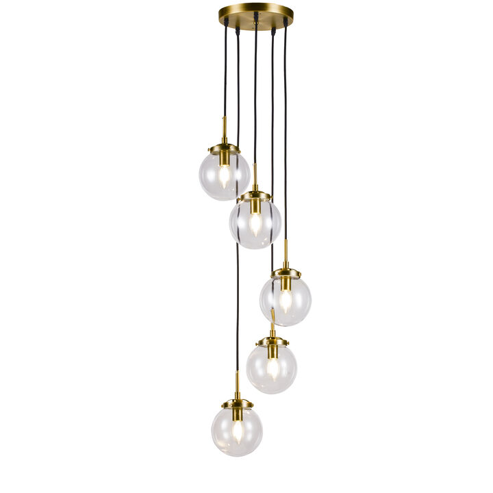 5-Light Antique Gold Staircase Modern Chandelier Foyer Pendant With Clear Globe Bubble Glass Accents